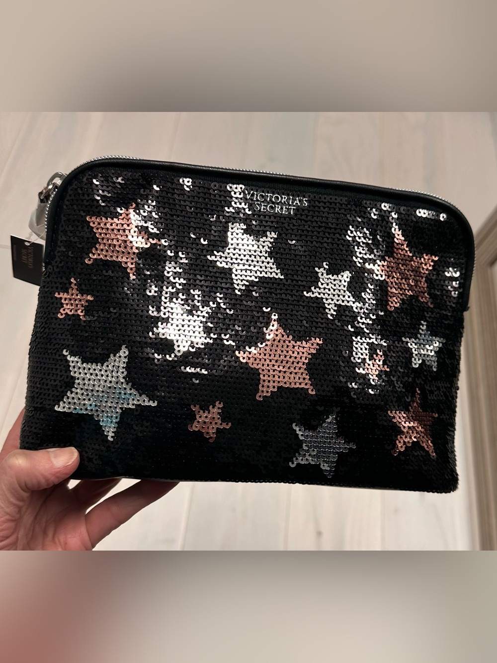 Victoria's Secret Black Sequin Star Makeup Pouch with Rose Gold & Silver Accents